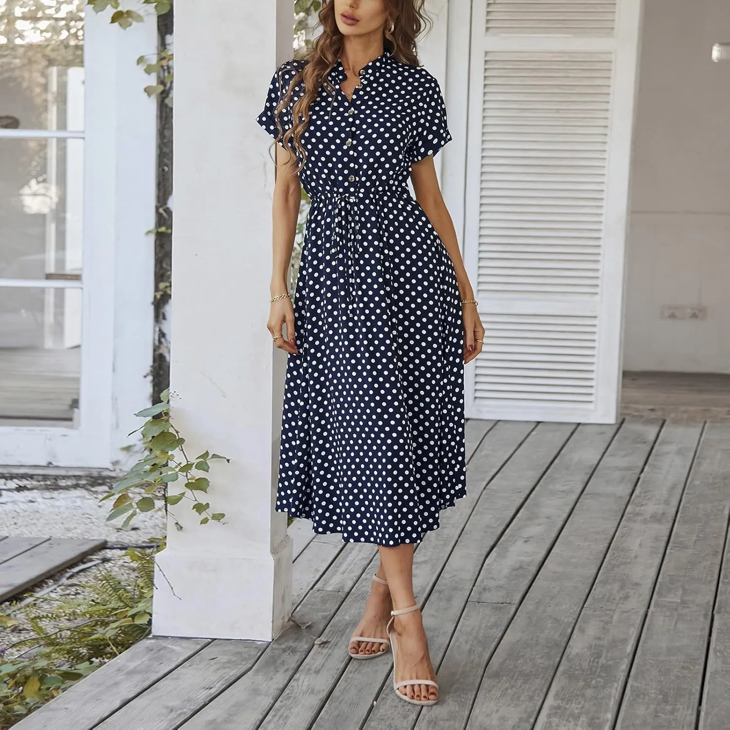 Summer Midi Dresses for Women 2025 Polka Dot Trendy Button Down V Neck Short Sleeve A Line Dresses Tie Empire Waist Frocks