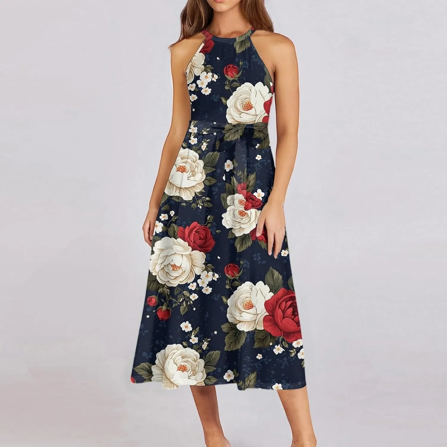 Summer Midi Halter Floral Dresses for Women 2025 Vacation Tie Empire Waist Flowy A Line Sundress Sleeveless Frocks