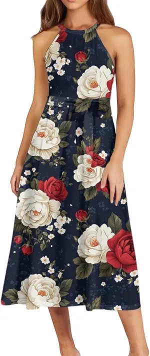 Summer Midi Halter Floral Dresses for Women 2025 Vacation Tie Empire Waist Flowy A Line Sundress Sleeveless Frocks