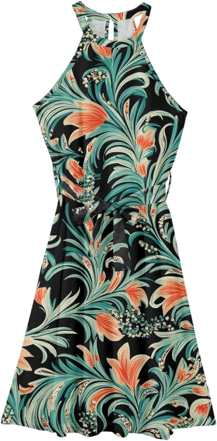 Summer Midi Halter Floral Dresses for Women 2025 Vacation Tie Empire Waist Flowy A Line Sundress Sleeveless Frocks