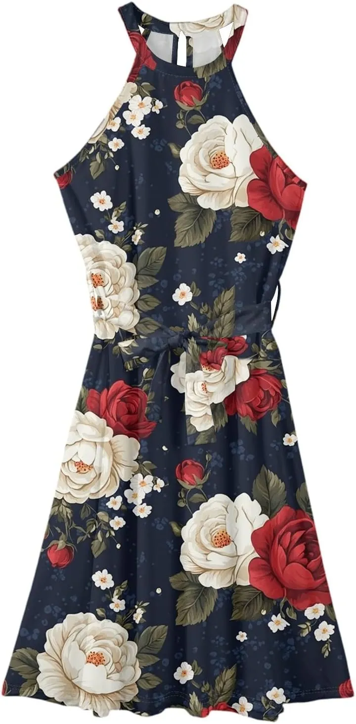 Summer Midi Halter Floral Dresses for Women 2025 Vacation Tie Empire Waist Flowy A Line Sundress Sleeveless Frocks