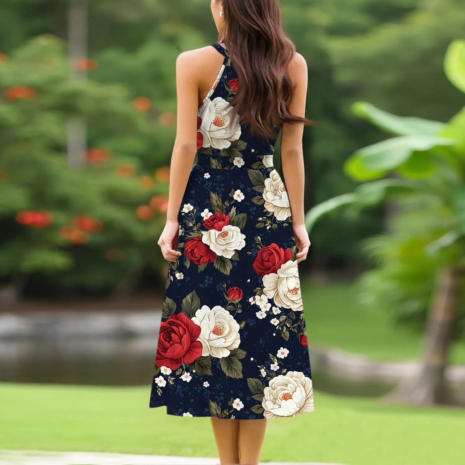 Summer Midi Halter Floral Dresses for Women 2025 Vacation Tie Empire Waist Flowy A Line Sundress Sleeveless Frocks