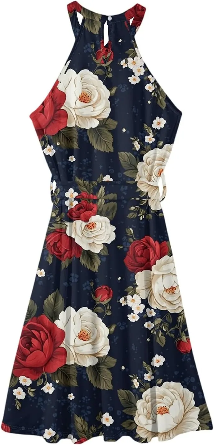 Summer Midi Halter Floral Dresses for Women 2025 Vacation Tie Empire Waist Flowy A Line Sundress Sleeveless Frocks
