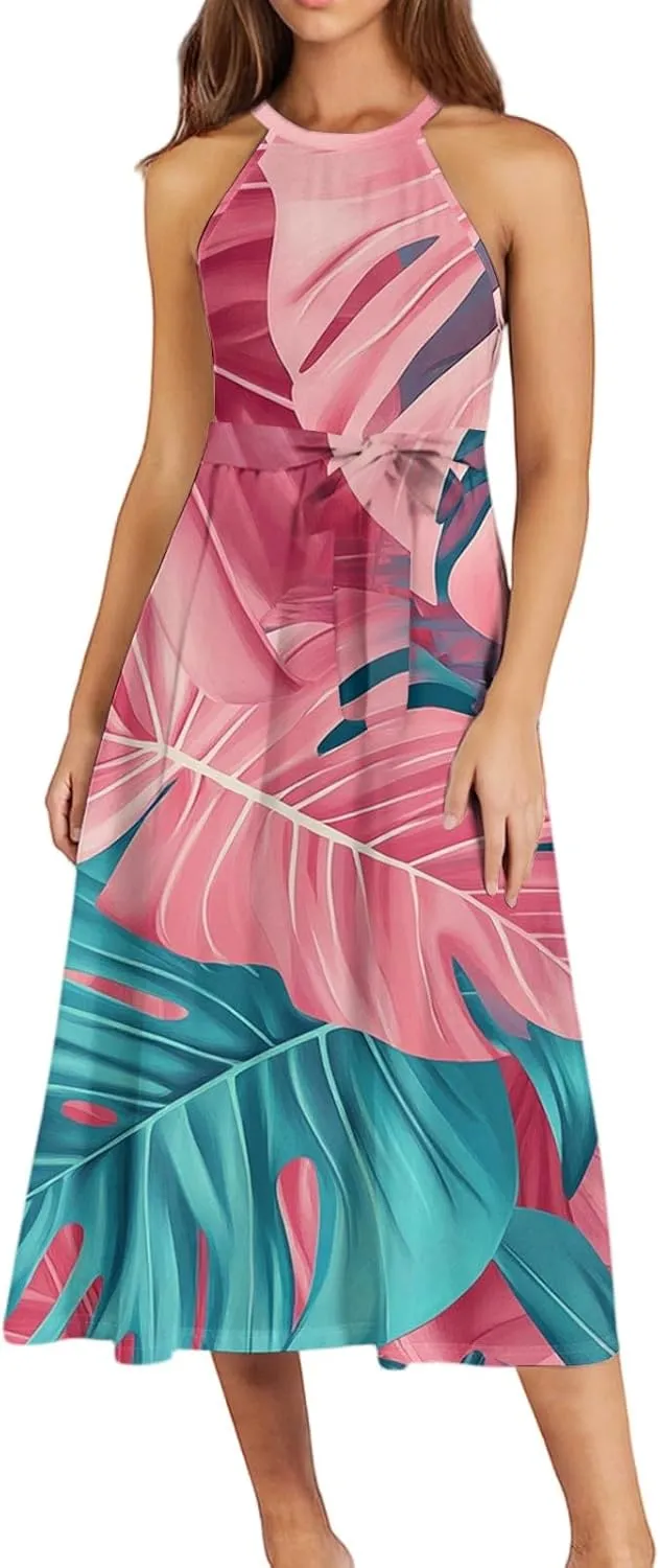 Summer Midi Halter Floral Dresses for Women 2025 Vacation Tie Empire Waist Flowy A Line Sundress Sleeveless Frocks