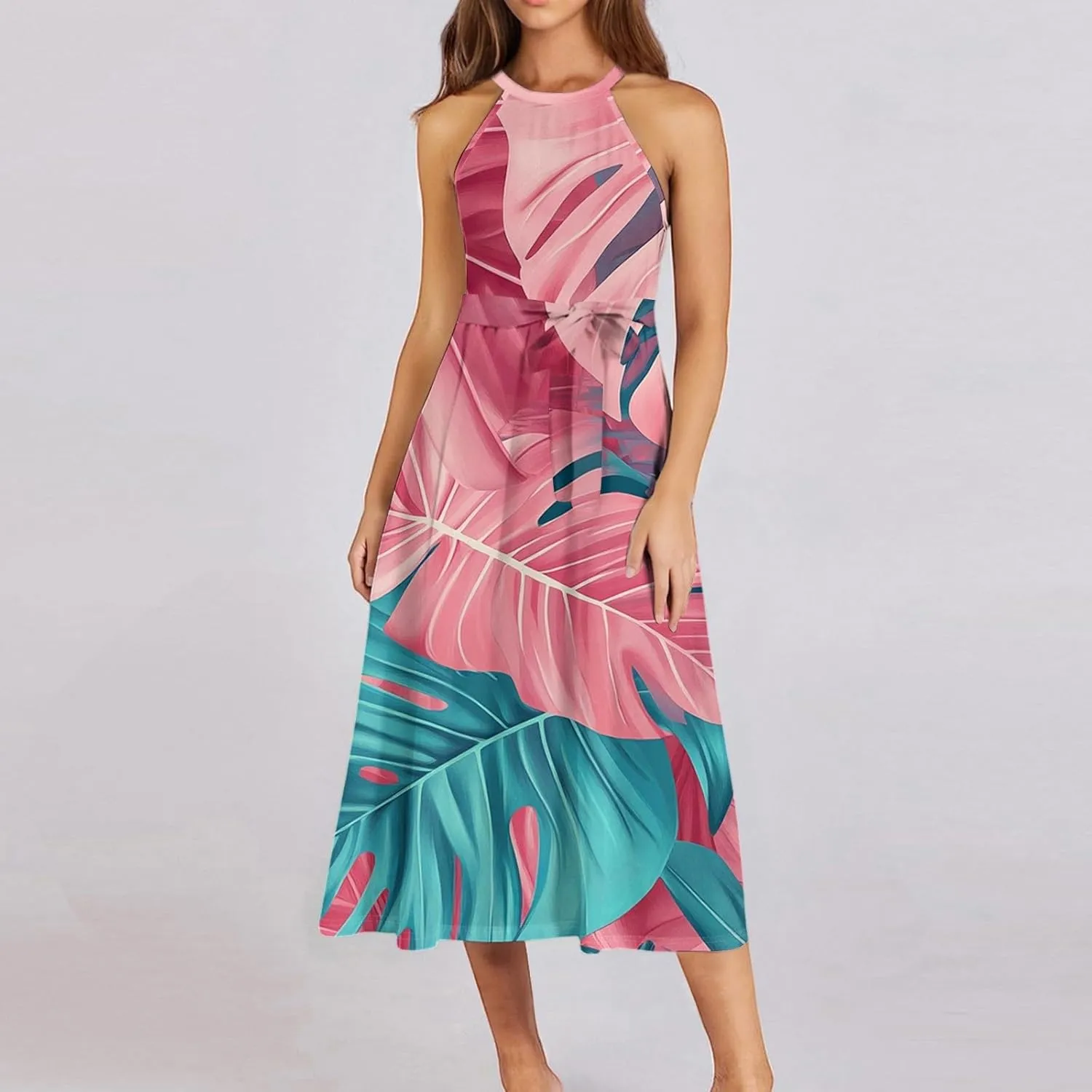 Summer Midi Halter Floral Dresses for Women 2025 Vacation Tie Empire Waist Flowy A Line Sundress Sleeveless Frocks