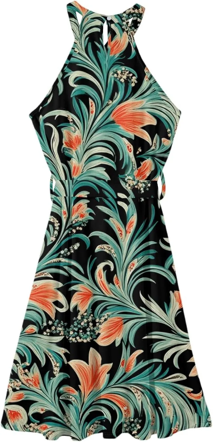 Summer Midi Halter Floral Dresses for Women 2025 Vacation Tie Empire Waist Flowy A Line Sundress Sleeveless Frocks