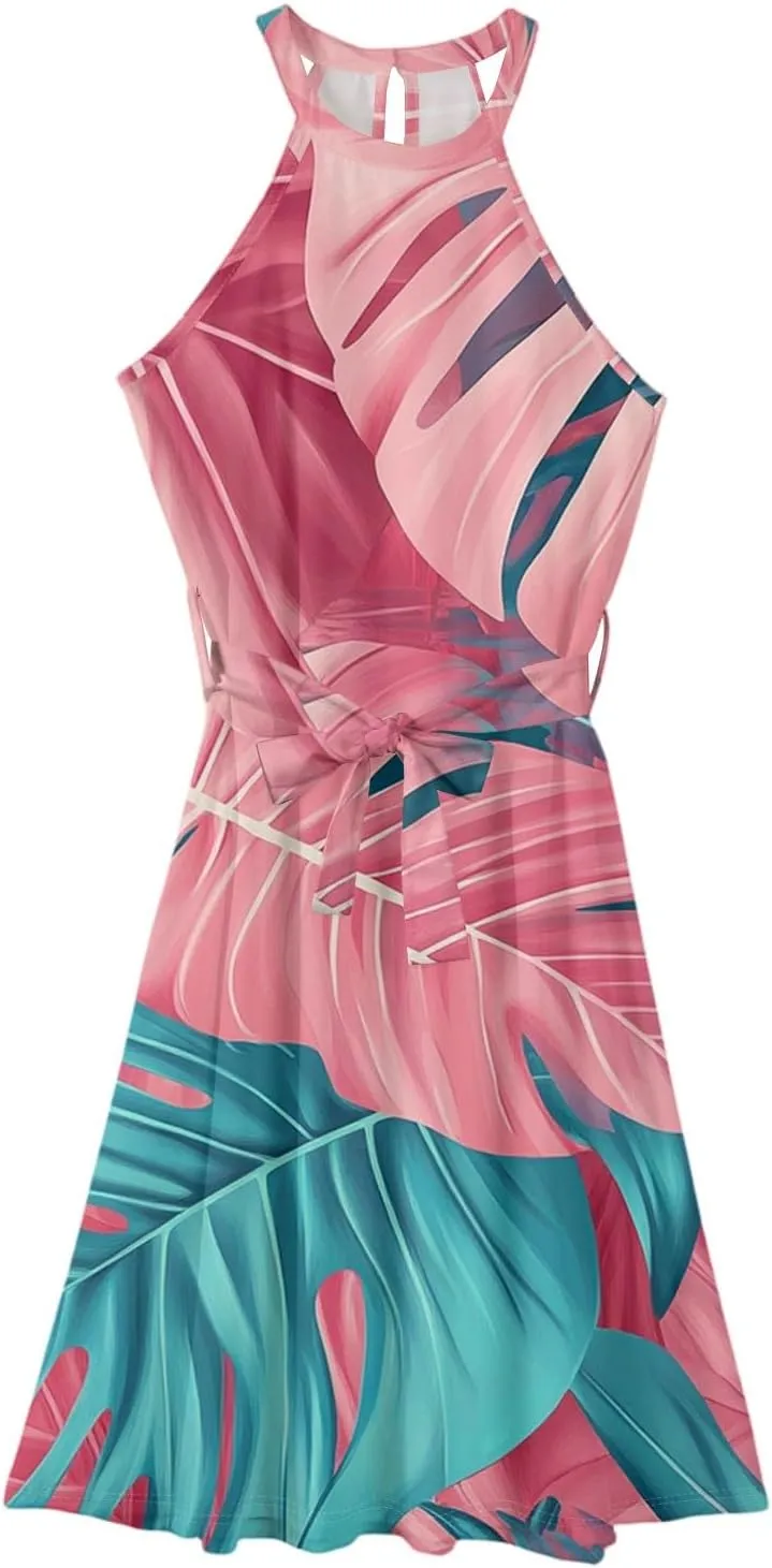 Summer Midi Halter Floral Dresses for Women 2025 Vacation Tie Empire Waist Flowy A Line Sundress Sleeveless Frocks