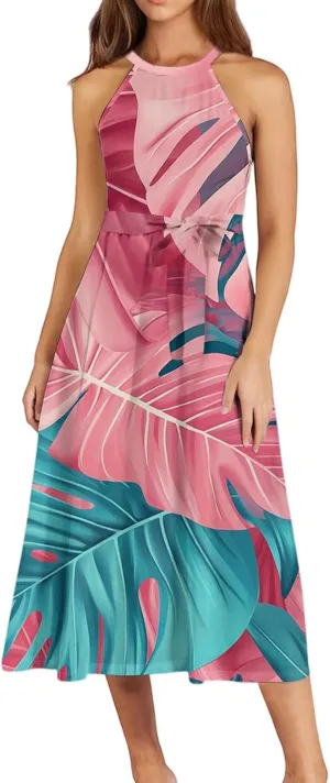 Summer Midi Halter Floral Dresses for Women 2025 Vacation Tie Empire Waist Flowy A Line Sundress Sleeveless Frocks
