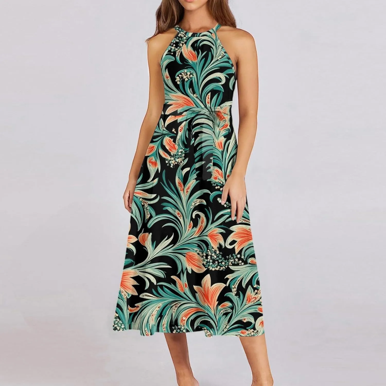Summer Midi Halter Floral Dresses for Women 2025 Vacation Tie Empire Waist Flowy A Line Sundress Sleeveless Frocks