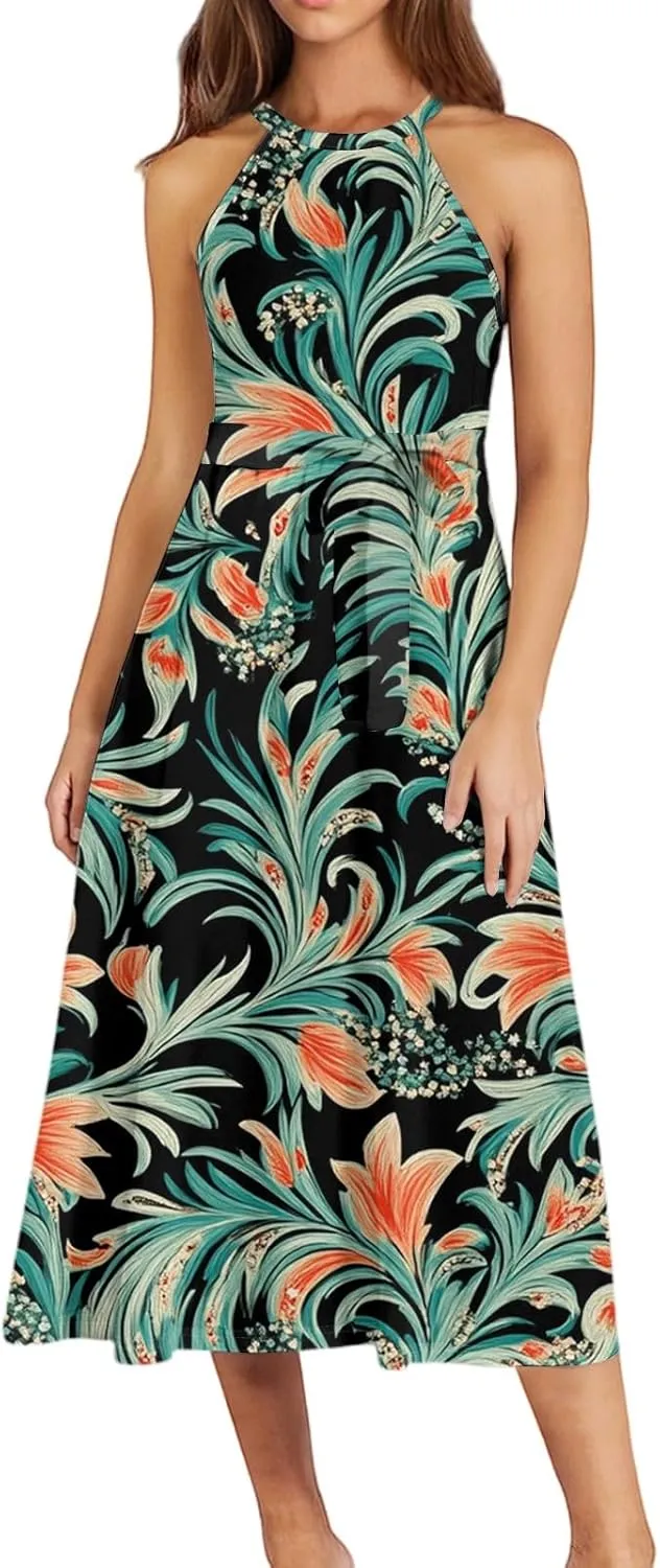 Summer Midi Halter Floral Dresses for Women 2025 Vacation Tie Empire Waist Flowy A Line Sundress Sleeveless Frocks