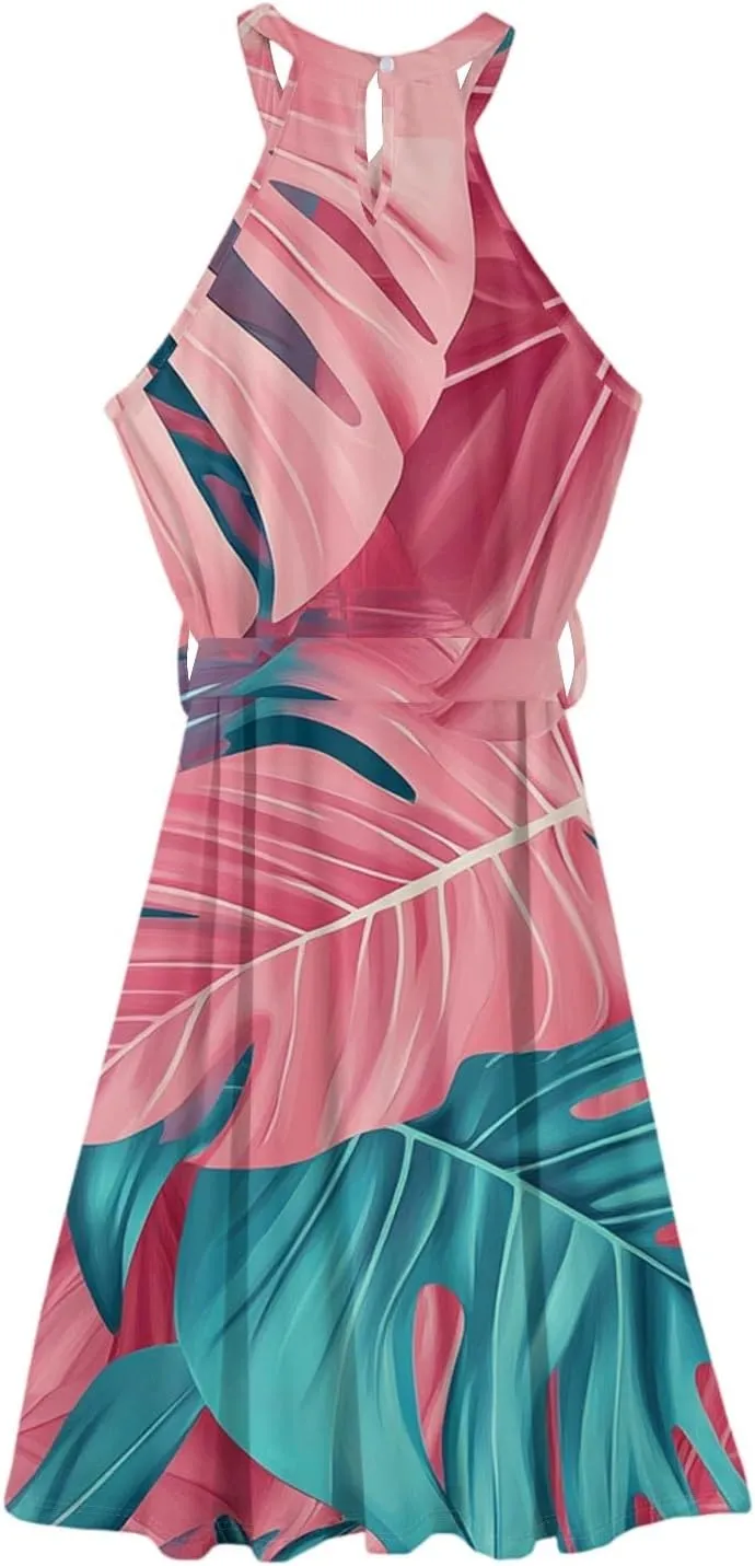 Summer Midi Halter Floral Dresses for Women 2025 Vacation Tie Empire Waist Flowy A Line Sundress Sleeveless Frocks