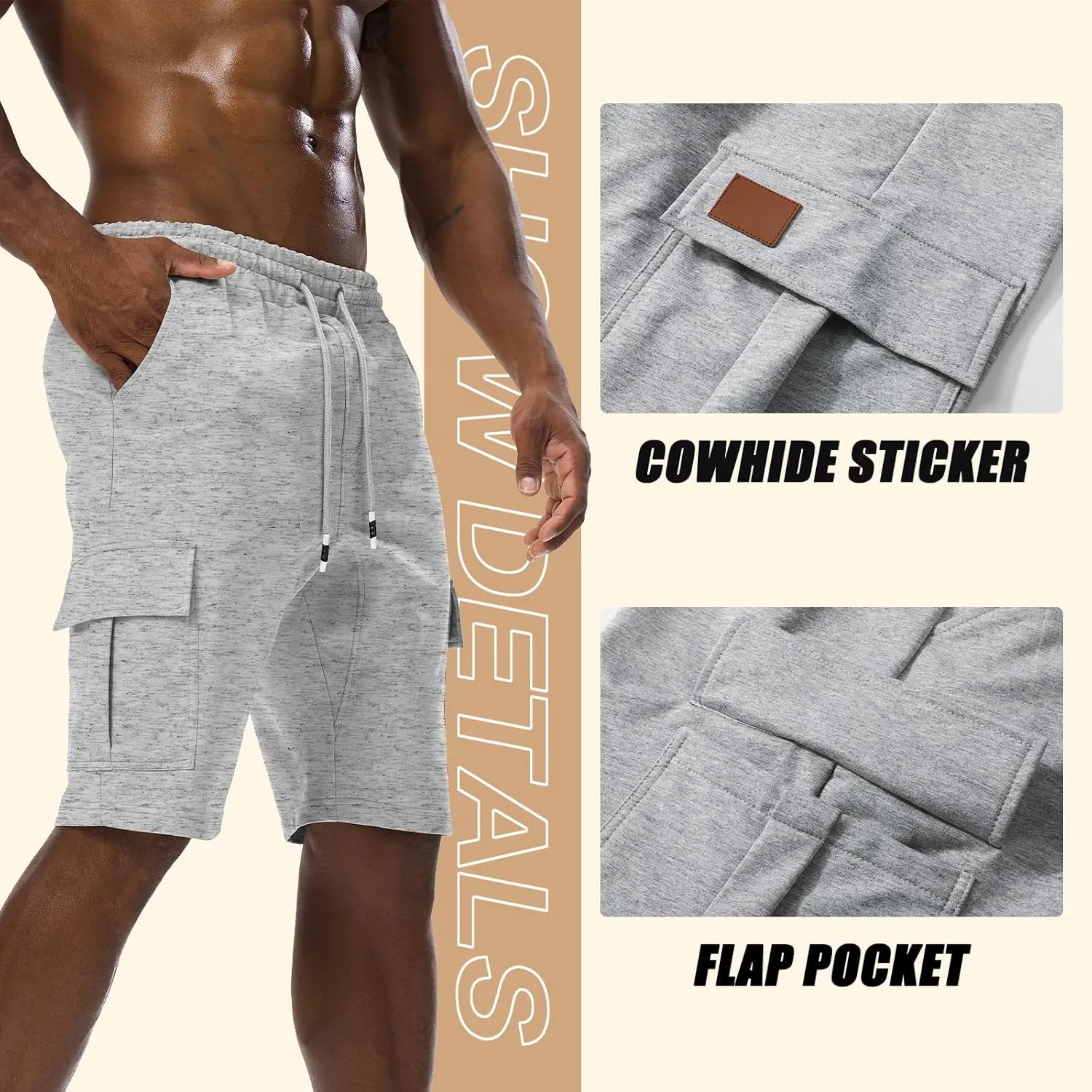 Suwangi Mens Cargo Athletic Shorts Flexible Elastic Waistband Loose Fit Shorts Outdoor Drawstring Multiple Pockets Shorts