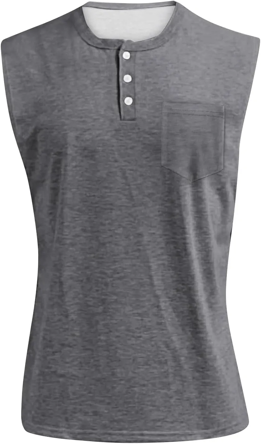 Tank Tops Men Sleeveless Henley Shirts for Men Distressed Washed Button Down T-Shirt Summer Vintage Muscle Solid Tees