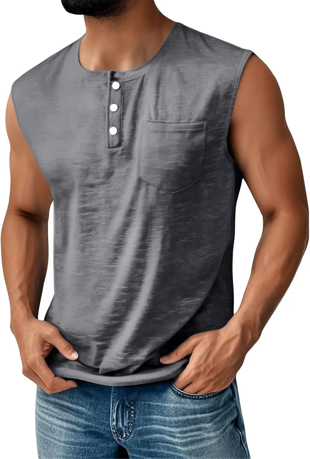 Tank Tops Men Sleeveless Henley Shirts for Men Distressed Washed Button Down T-Shirt Summer Vintage Muscle Solid Tees