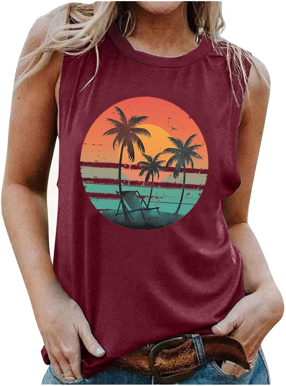 Tank Tops Women Hawaiian Sunset Beach Coconut Tree Graphic Tank Tops Summer Casual Tanks Vest Vintage Tank Cami Top