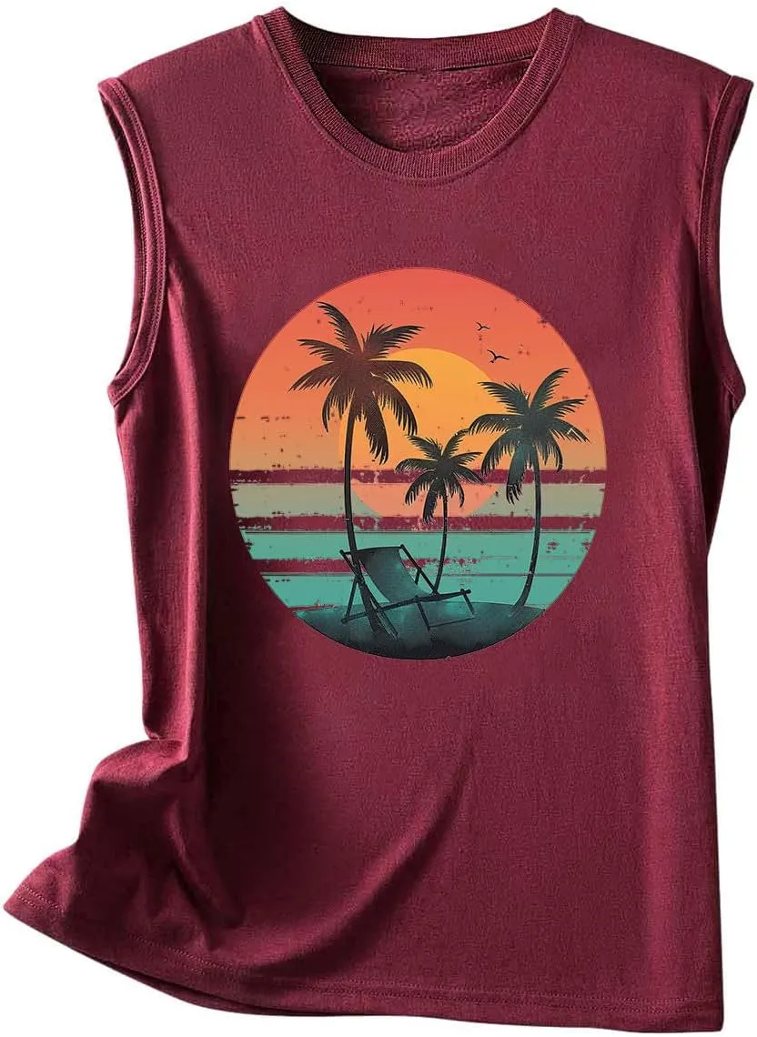Tank Tops Women Hawaiian Sunset Beach Coconut Tree Graphic Tank Tops Summer Casual Tanks Vest Vintage Tank Cami Top