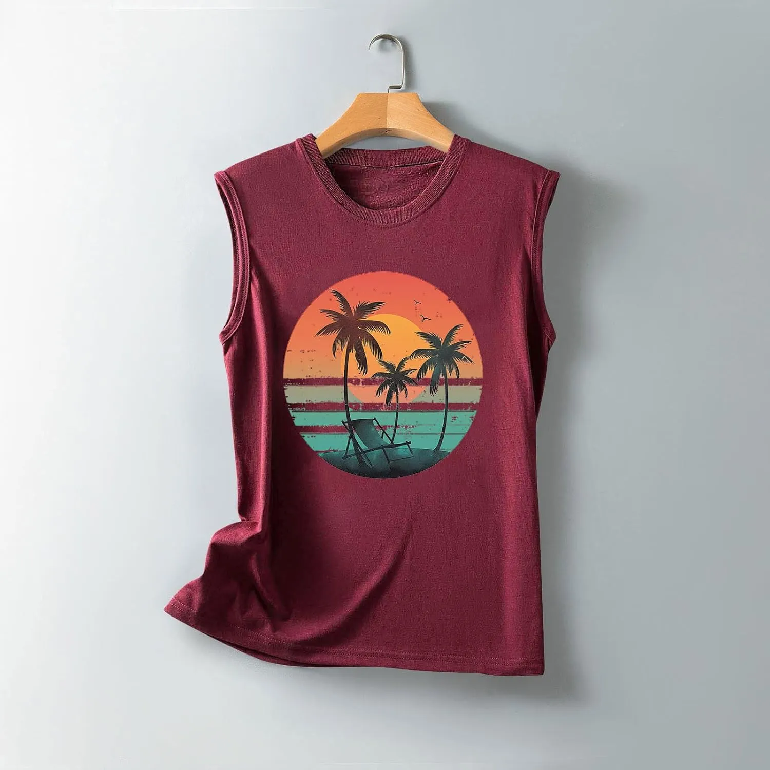 Tank Tops Women Hawaiian Sunset Beach Coconut Tree Graphic Tank Tops Summer Casual Tanks Vest Vintage Tank Cami Top