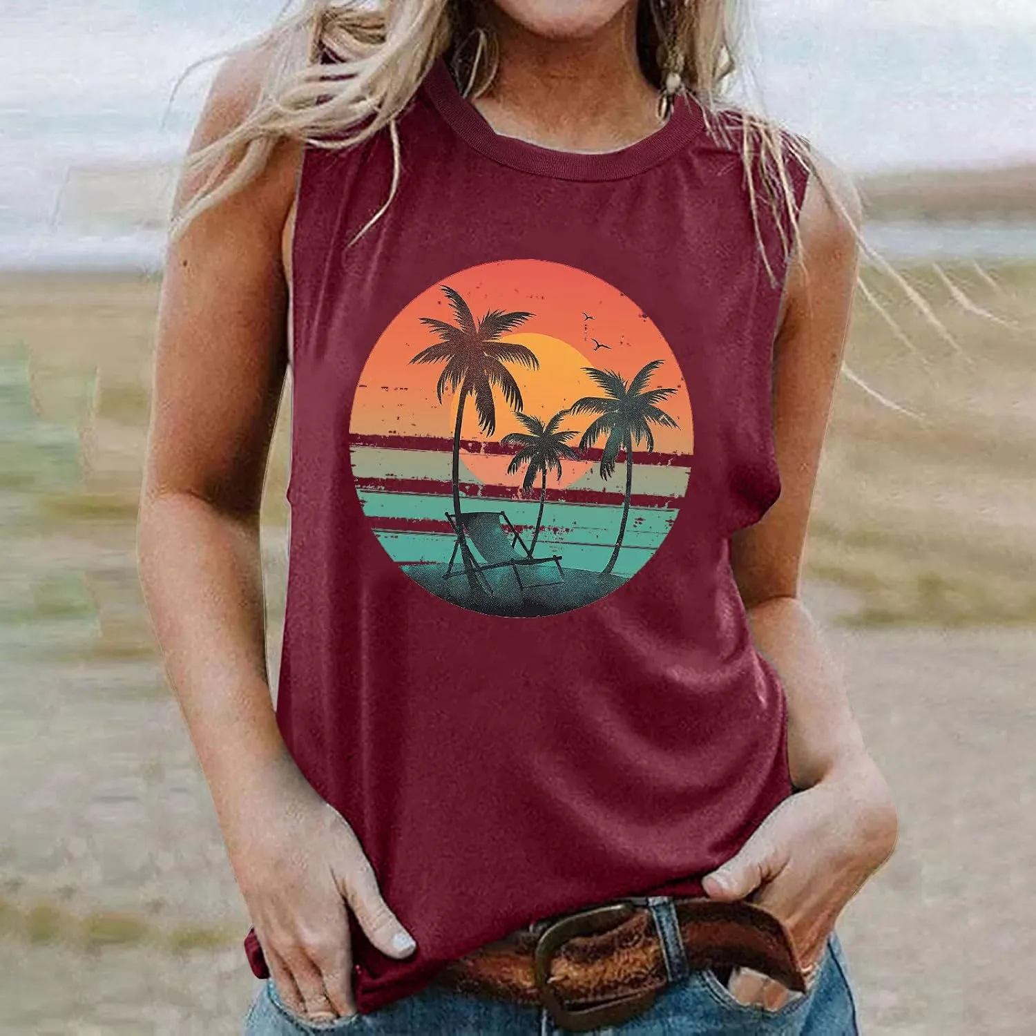 Tank Tops Women Hawaiian Sunset Beach Coconut Tree Graphic Tank Tops Summer Casual Tanks Vest Vintage Tank Cami Top