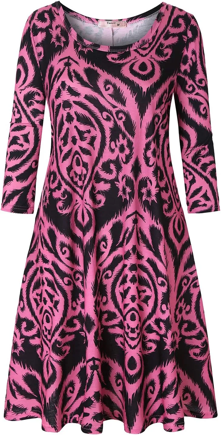Tanst Sky Womens Casual Round Neck Plus Size Floral Tunic Shirt Dress with Pockets