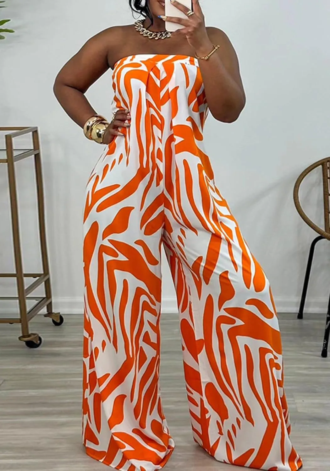 Tcremisa Women's Printed Wide Leg Jumpsuit Strapless Tube Long Rompers One Piece Flowy Boho Vacation Outfits