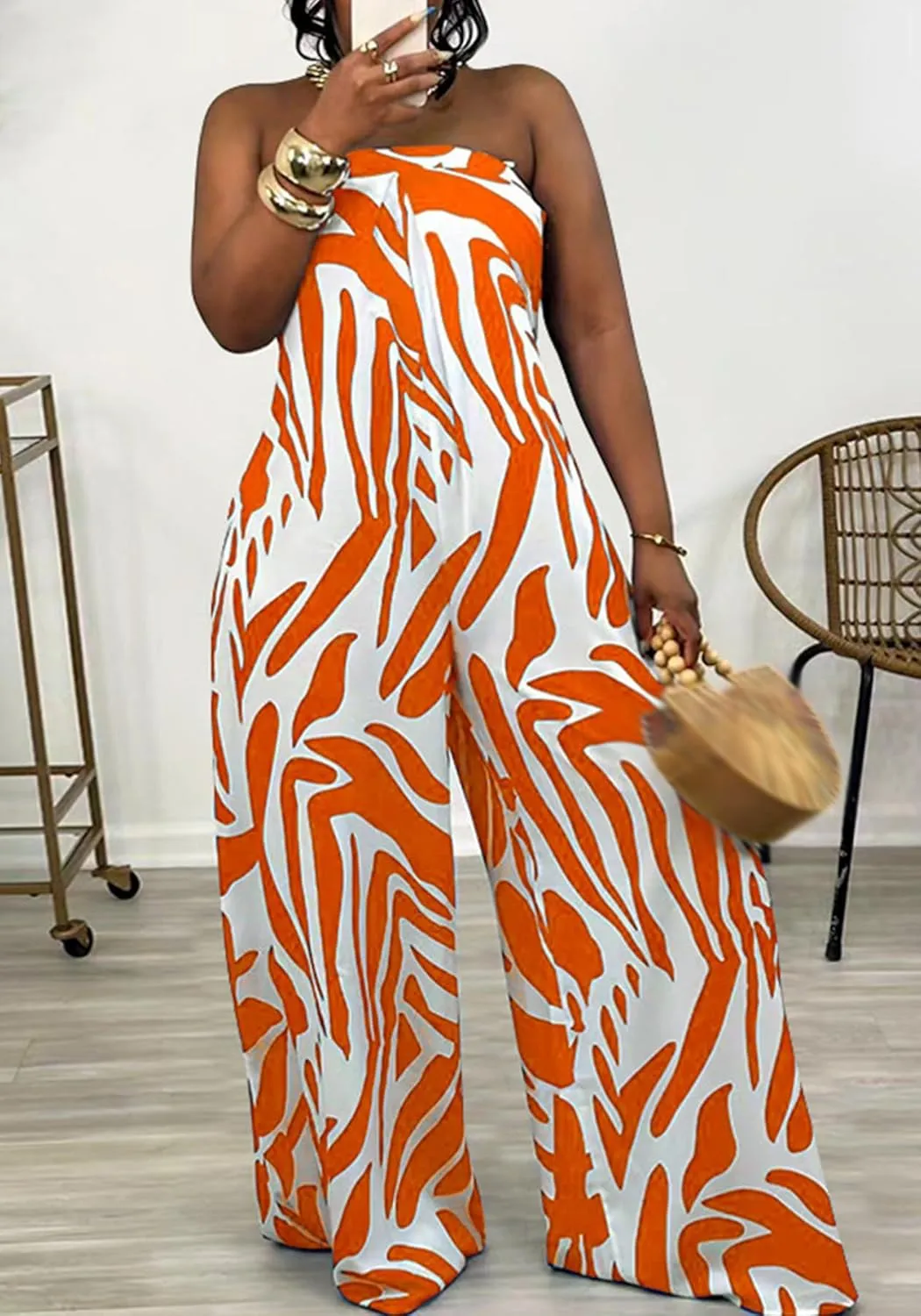 Tcremisa Women's Printed Wide Leg Jumpsuit Strapless Tube Long Rompers One Piece Flowy Boho Vacation Outfits