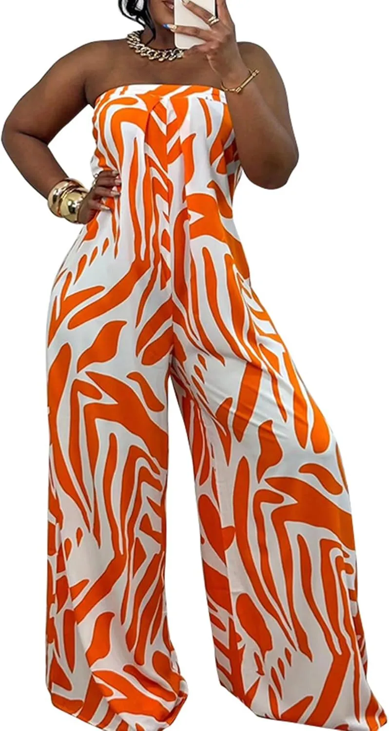 Tcremisa Women's Printed Wide Leg Jumpsuit Strapless Tube Long Rompers One Piece Flowy Boho Vacation Outfits