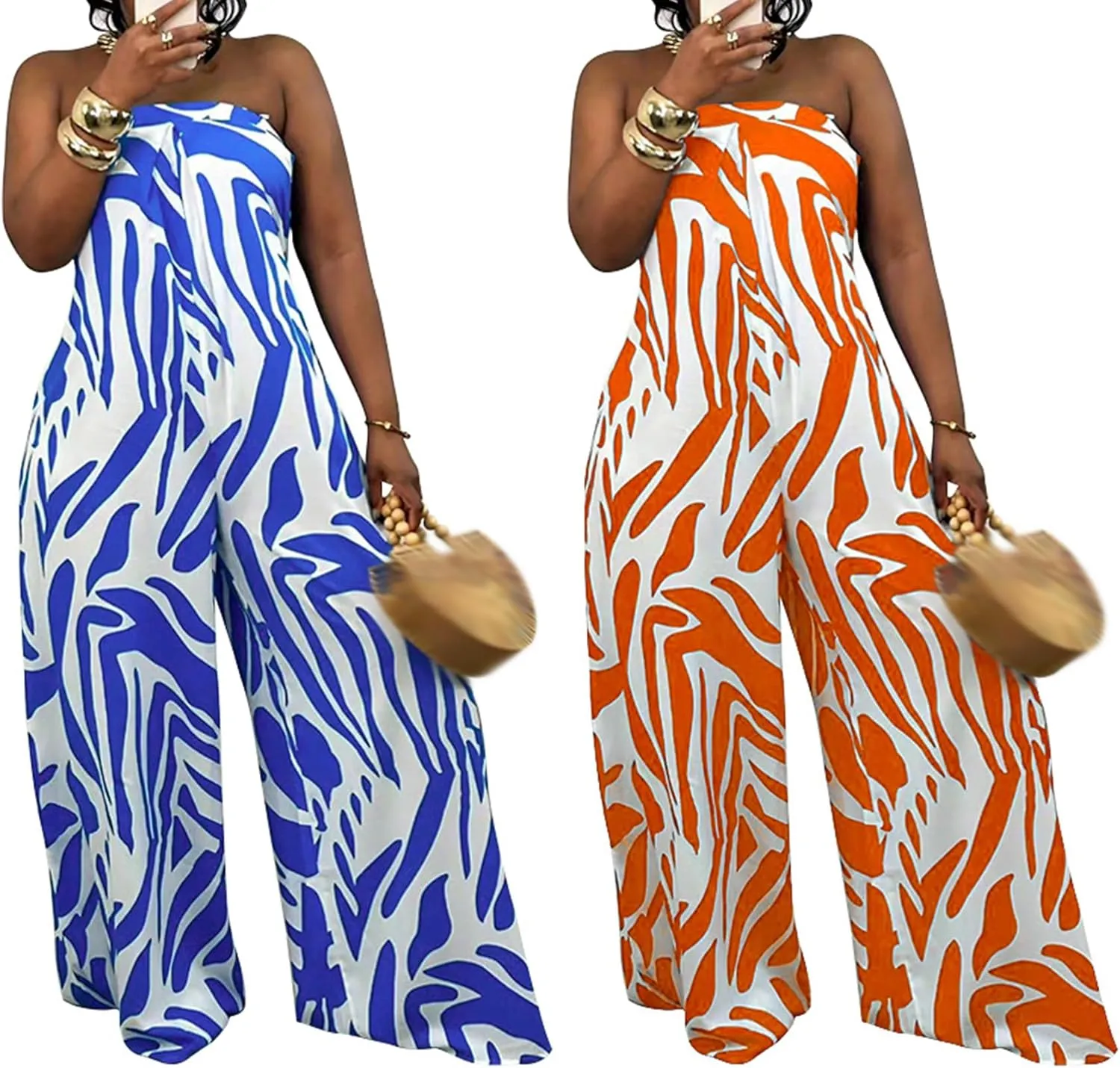 Tcremisa Women's Printed Wide Leg Jumpsuit Strapless Tube Long Rompers One Piece Flowy Boho Vacation Outfits