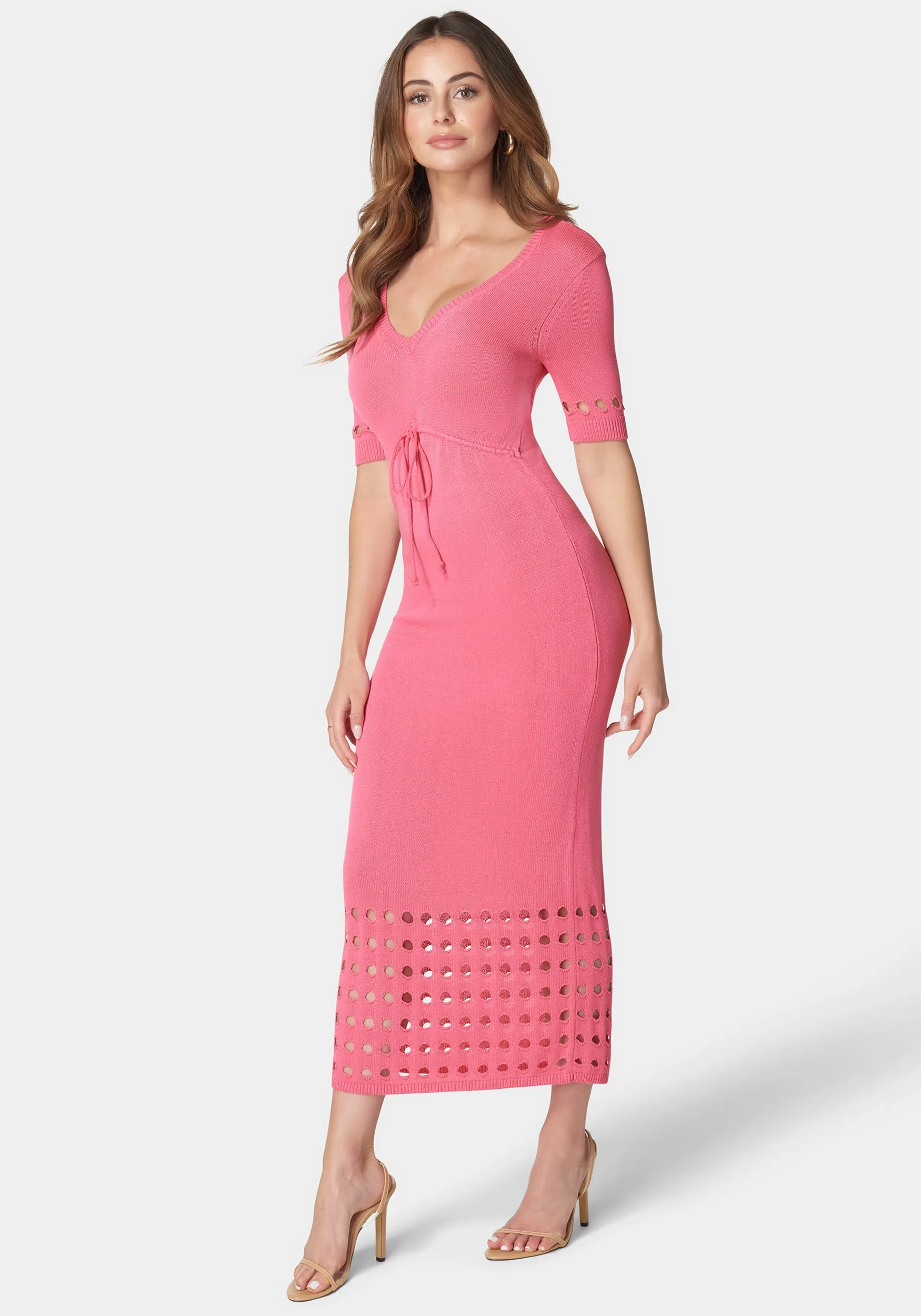 Tie Front Cutout Crochet Midi Dress