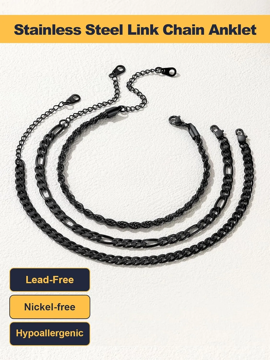 U7 2Pcs/3Pcs Ankle Bracelets for Women, Stainless Steel Cuban Link/Figaro/Rope/Heart Chain Anklets Sets,Waterproof Layered Anklets Adjustable 8.5"-10.5"