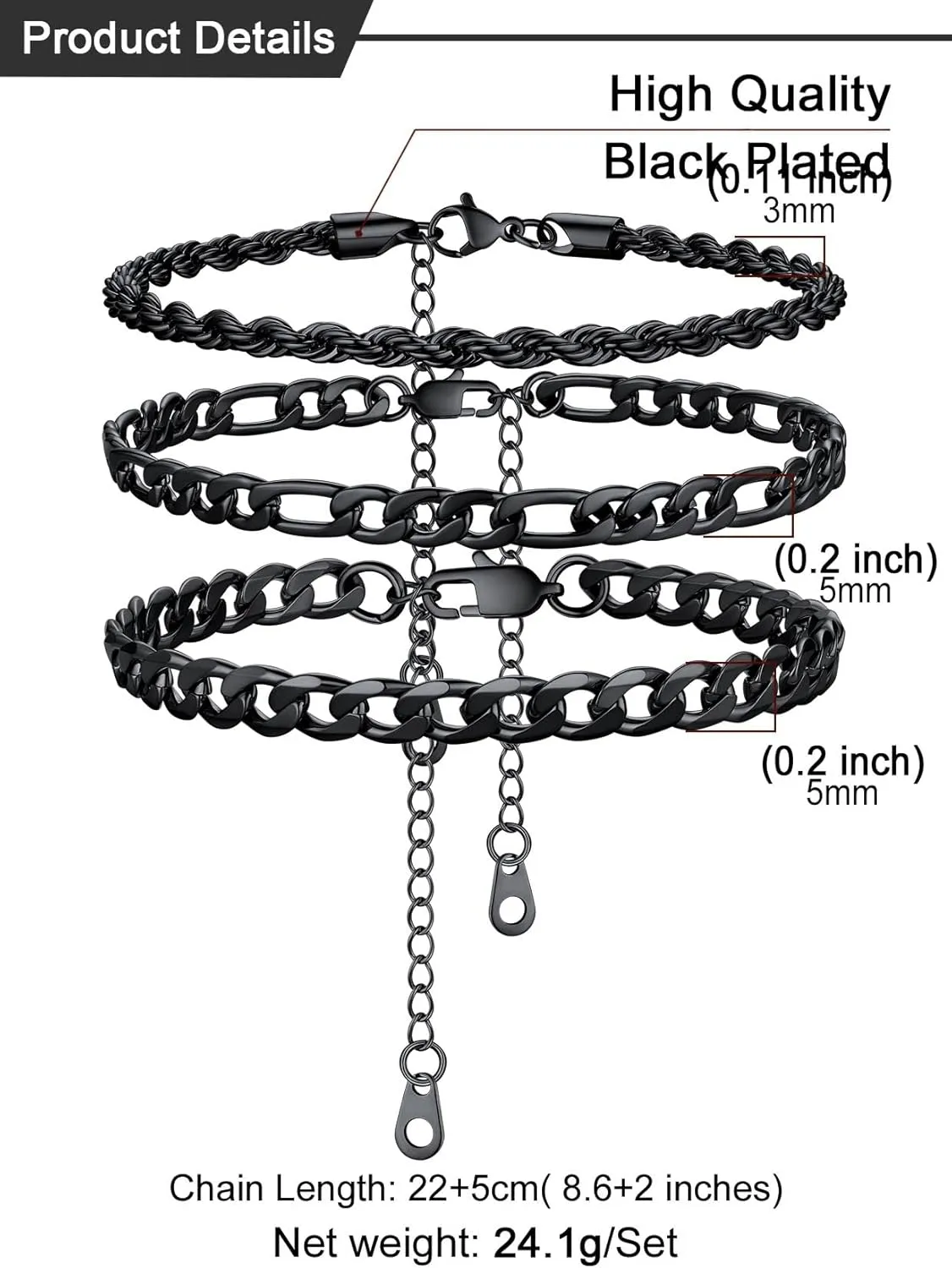 U7 2Pcs/3Pcs Ankle Bracelets for Women, Stainless Steel Cuban Link/Figaro/Rope/Heart Chain Anklets Sets,Waterproof Layered Anklets Adjustable 8.5"-10.5"