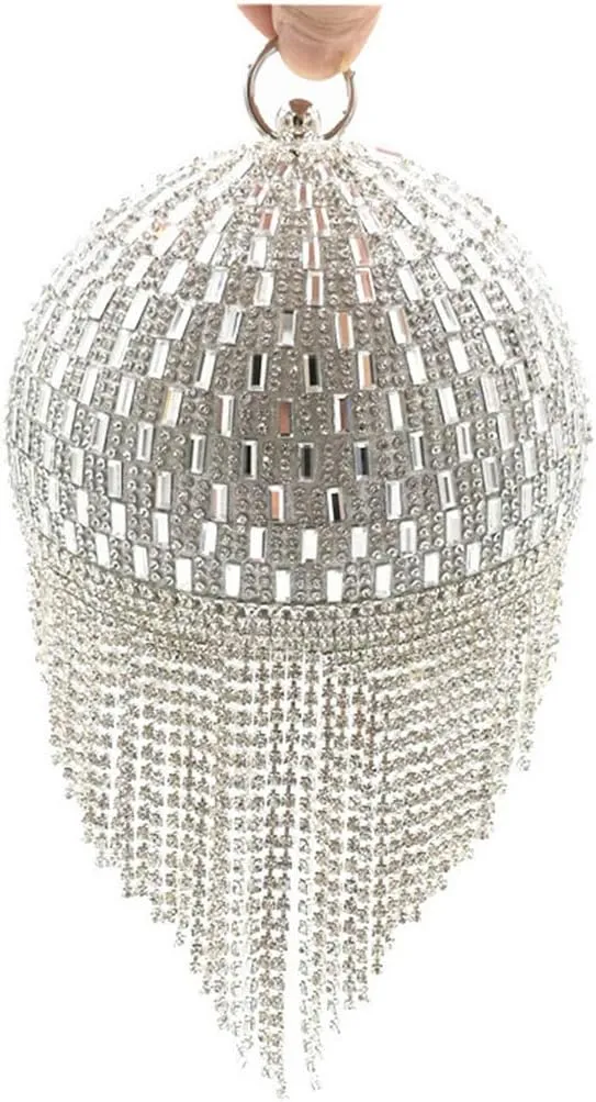 UMREN Women Round Ball Crystal Evening Clutch Purse Tassel Wedding Party Hand Bags