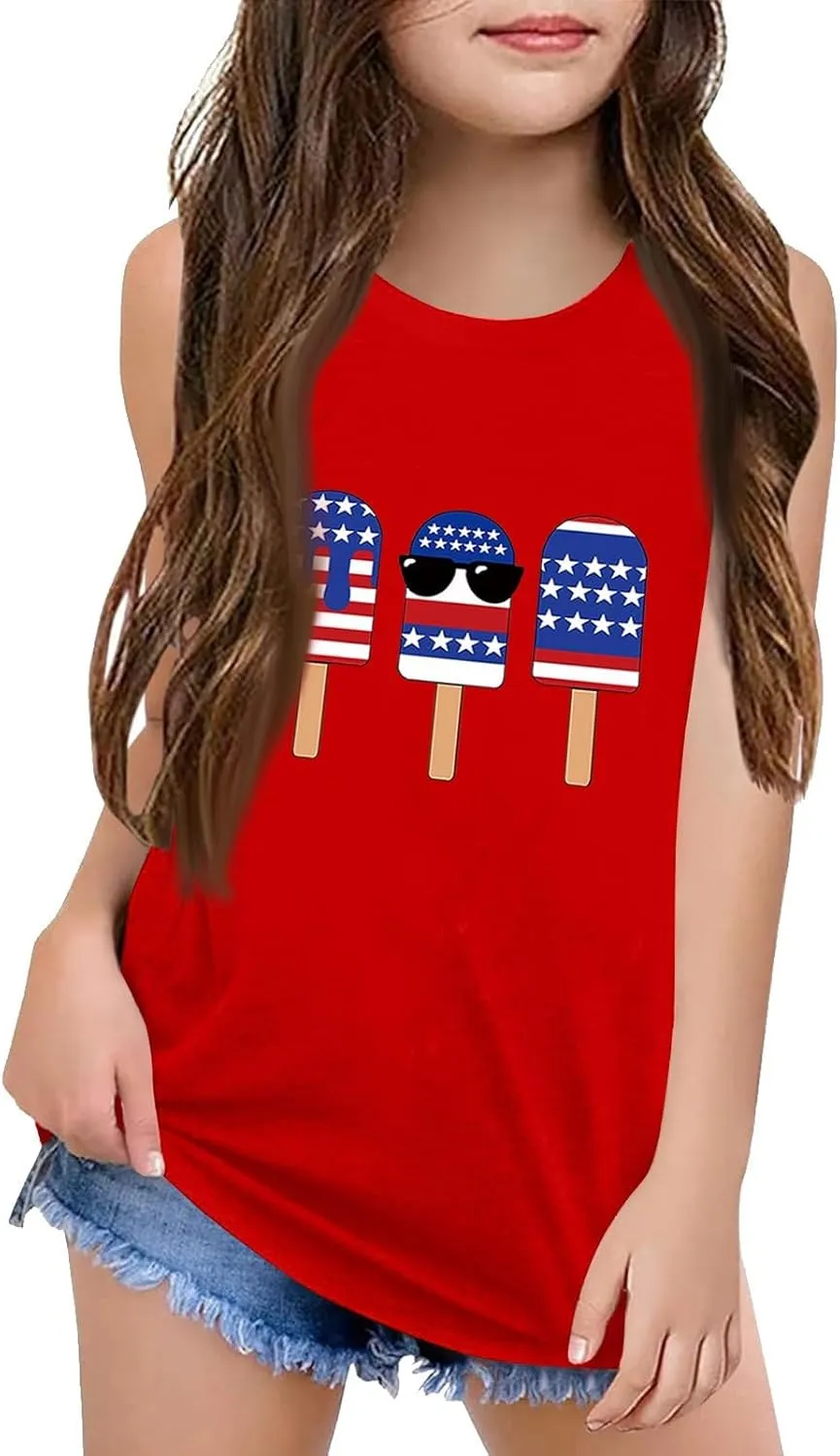 USA Shirt Girl Tank Tops Summer Cerw Neck Sleeveless Cute Shirts USA Flag Graphic Loose 4Th July Tshirt 3-10 Years