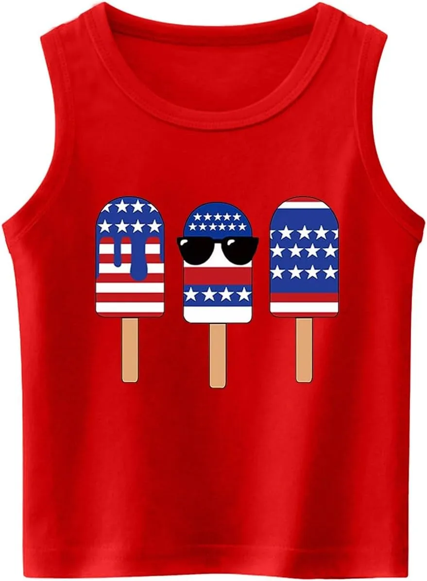 USA Shirt Girl Tank Tops Summer Cerw Neck Sleeveless Cute Shirts USA Flag Graphic Loose 4Th July Tshirt 3-10 Years