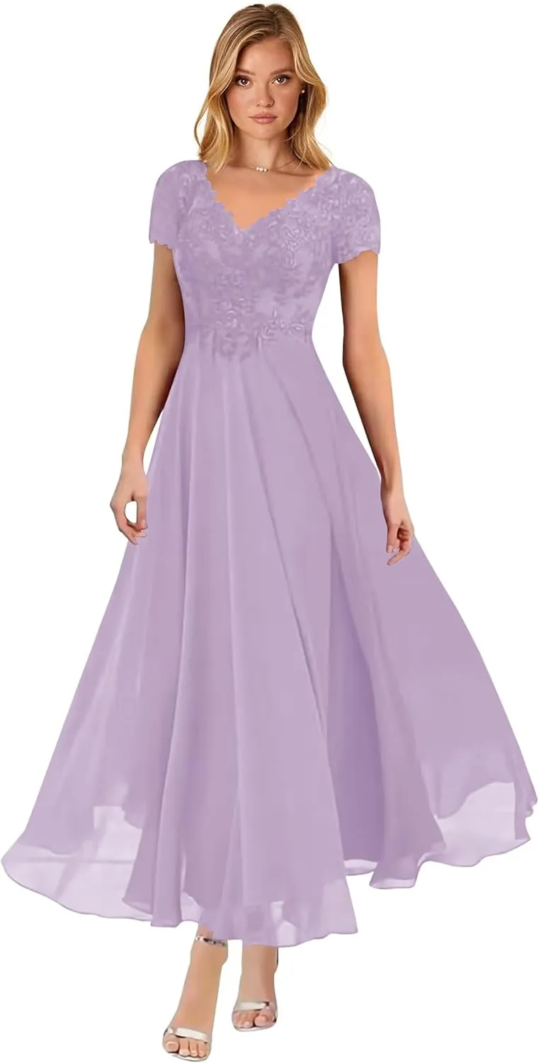 V-Neck Mother of The Bride Dresses Lace Applique Chiffon Short Sleeve Pleat Formal Evening Party Dress