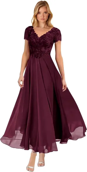 V-Neck Mother of The Bride Dresses Lace Applique Chiffon Short Sleeve Pleat Formal Evening Party Dress