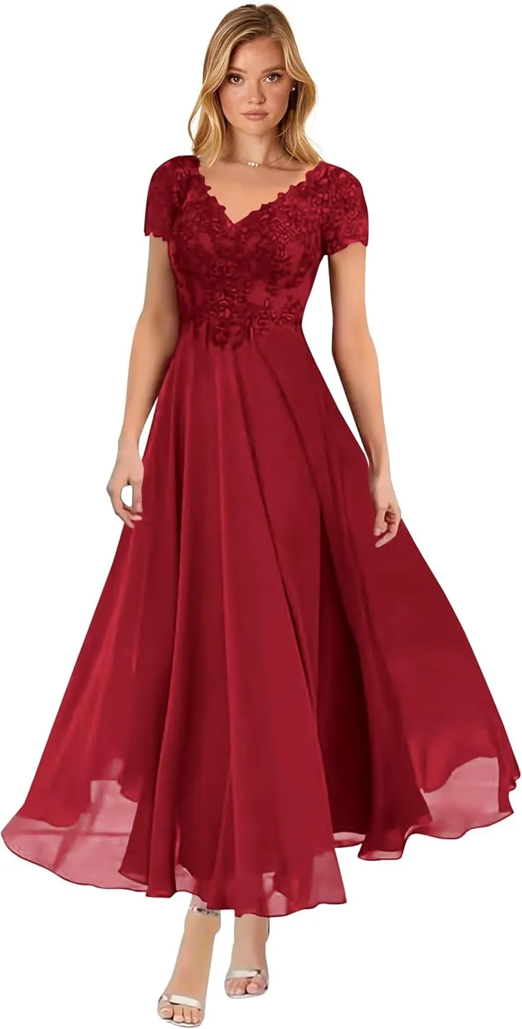 V-Neck Mother of The Bride Dresses Lace Applique Chiffon Short Sleeve Pleat Formal Evening Party Dress