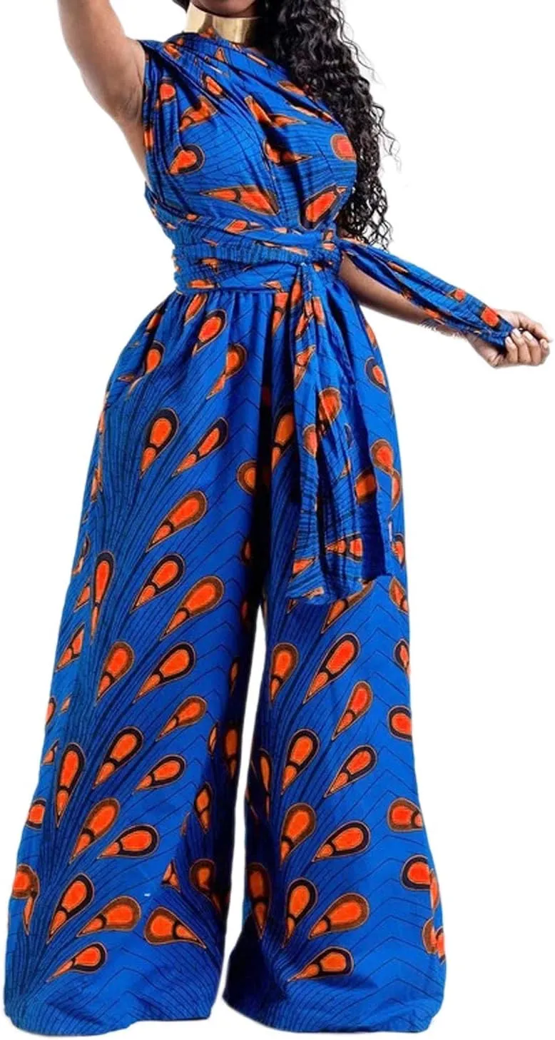 Vimoisa Women Sexy Boho African Jumpsuits Printing Rompers V-Neck Multi-Way Wide Leg Pants