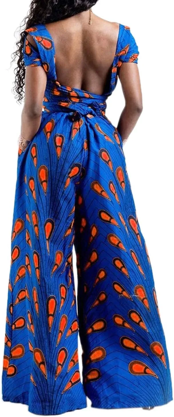 Vimoisa Women Sexy Boho African Jumpsuits Printing Rompers V-Neck Multi-Way Wide Leg Pants