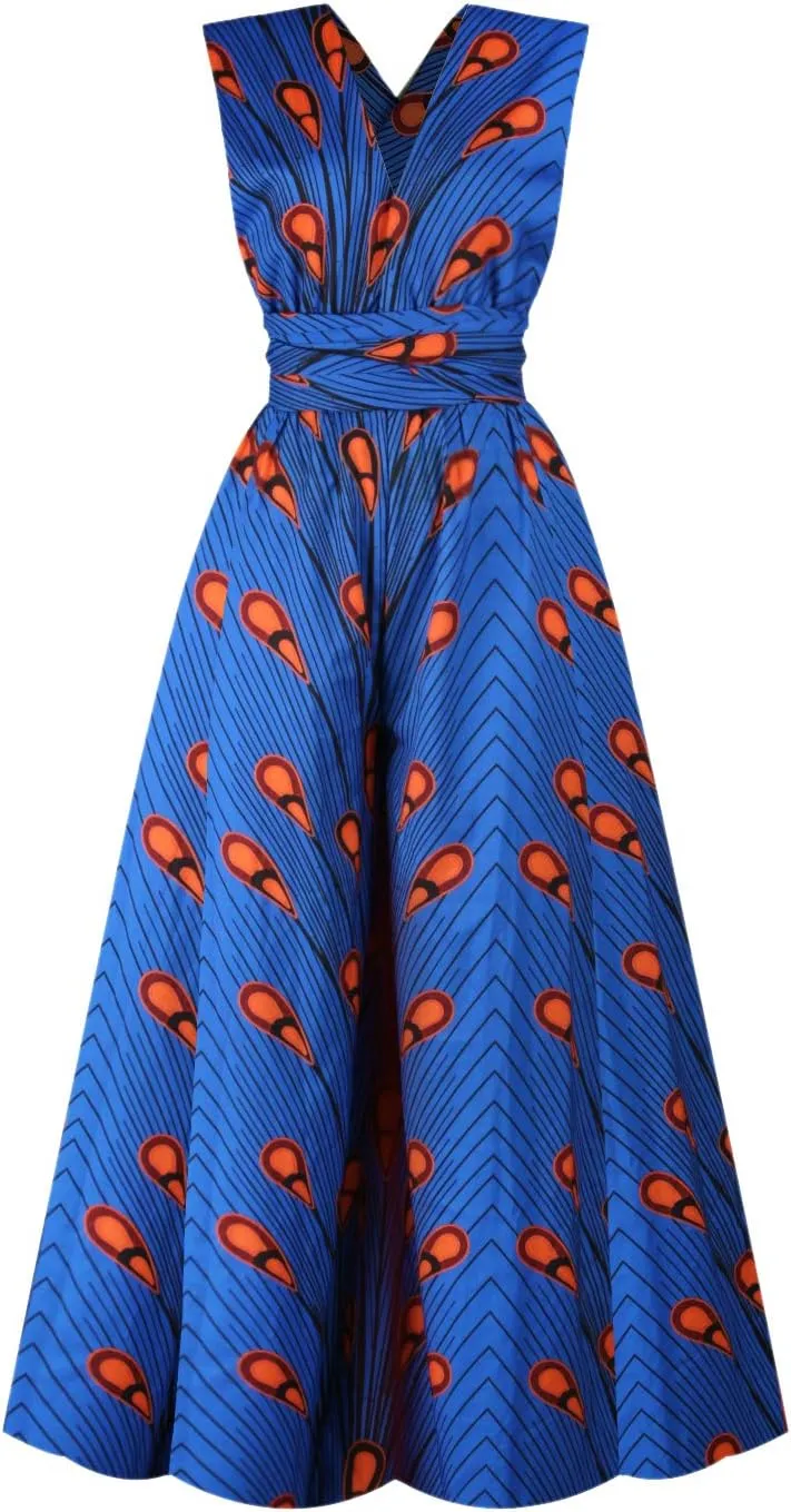 Vimoisa Women Sexy Boho African Jumpsuits Printing Rompers V-Neck Multi-Way Wide Leg Pants