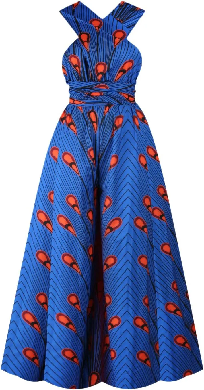 Vimoisa Women Sexy Boho African Jumpsuits Printing Rompers V-Neck Multi-Way Wide Leg Pants