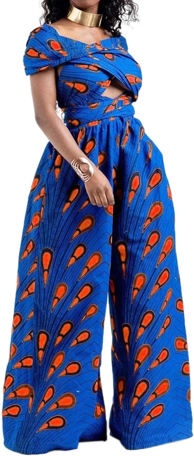 Vimoisa Women Sexy Boho African Jumpsuits Printing Rompers V-Neck Multi-Way Wide Leg Pants