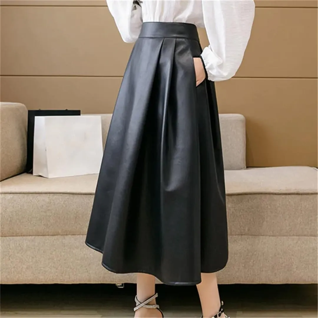 Vintage Women Chic Pleated Midi Skirts Winter PU Faux Leather Flare Ball Gown Female Skirt