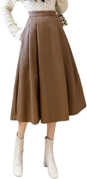Vintage Women Chic Pleated Midi Skirts Winter PU Faux Leather Flare Ball Gown Female Skirt