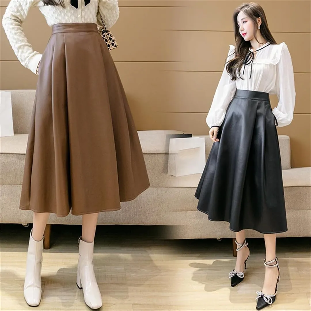 Vintage Women Chic Pleated Midi Skirts Winter PU Faux Leather Flare Ball Gown Female Skirt