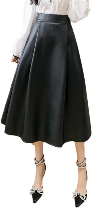 Vintage Women Chic Pleated Midi Skirts Winter PU Faux Leather Flare Ball Gown Female Skirt