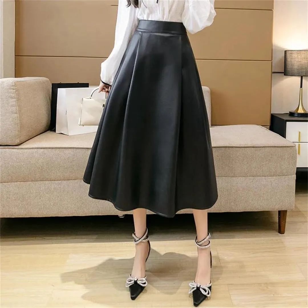 Vintage Women Chic Pleated Midi Skirts Winter PU Faux Leather Flare Ball Gown Female Skirt