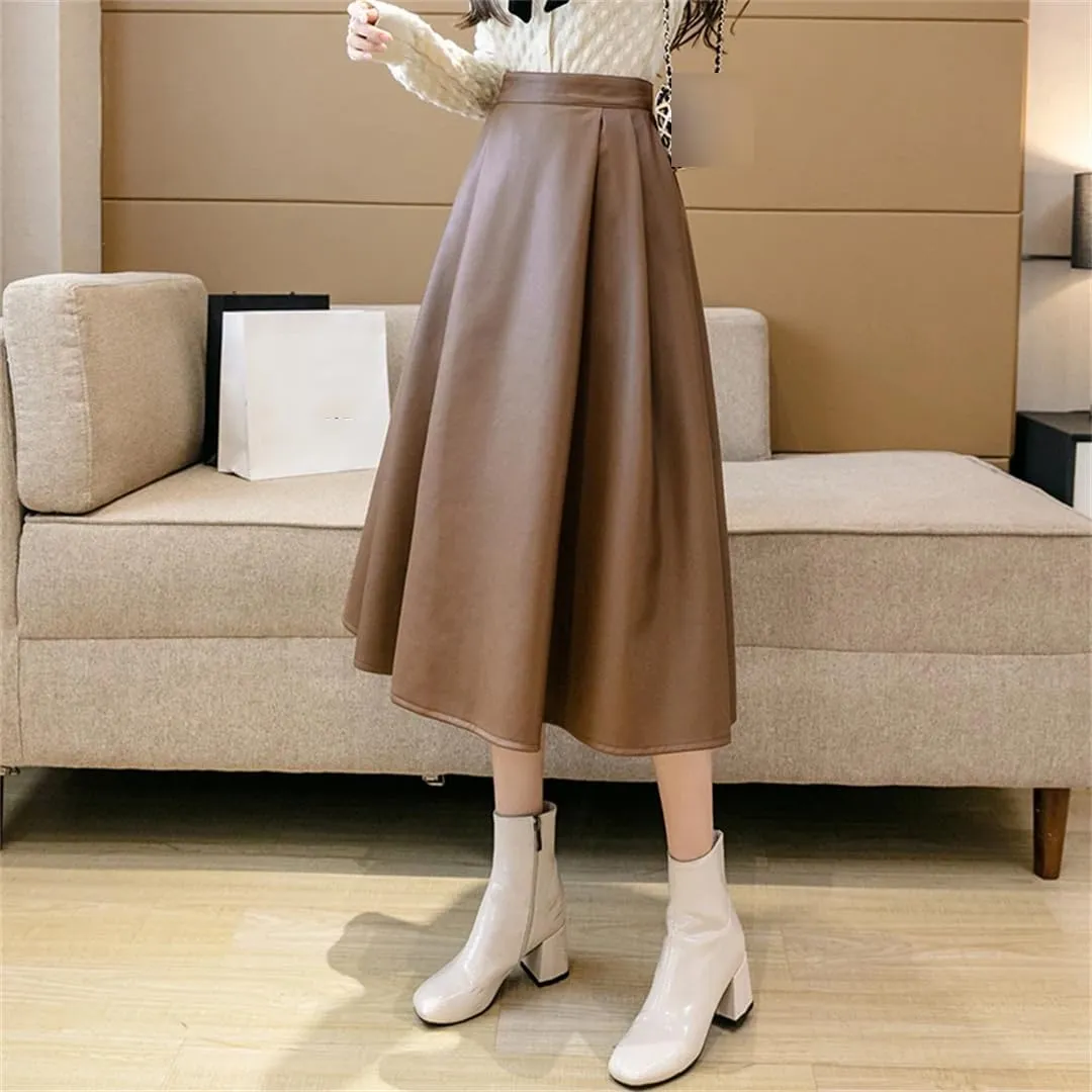 Vintage Women Chic Pleated Midi Skirts Winter PU Faux Leather Flare Ball Gown Female Skirt