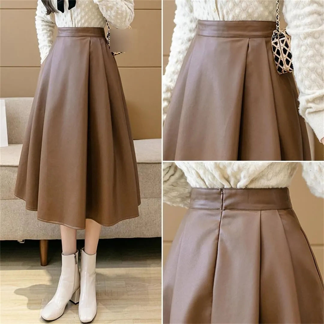 Vintage Women Chic Pleated Midi Skirts Winter PU Faux Leather Flare Ball Gown Female Skirt