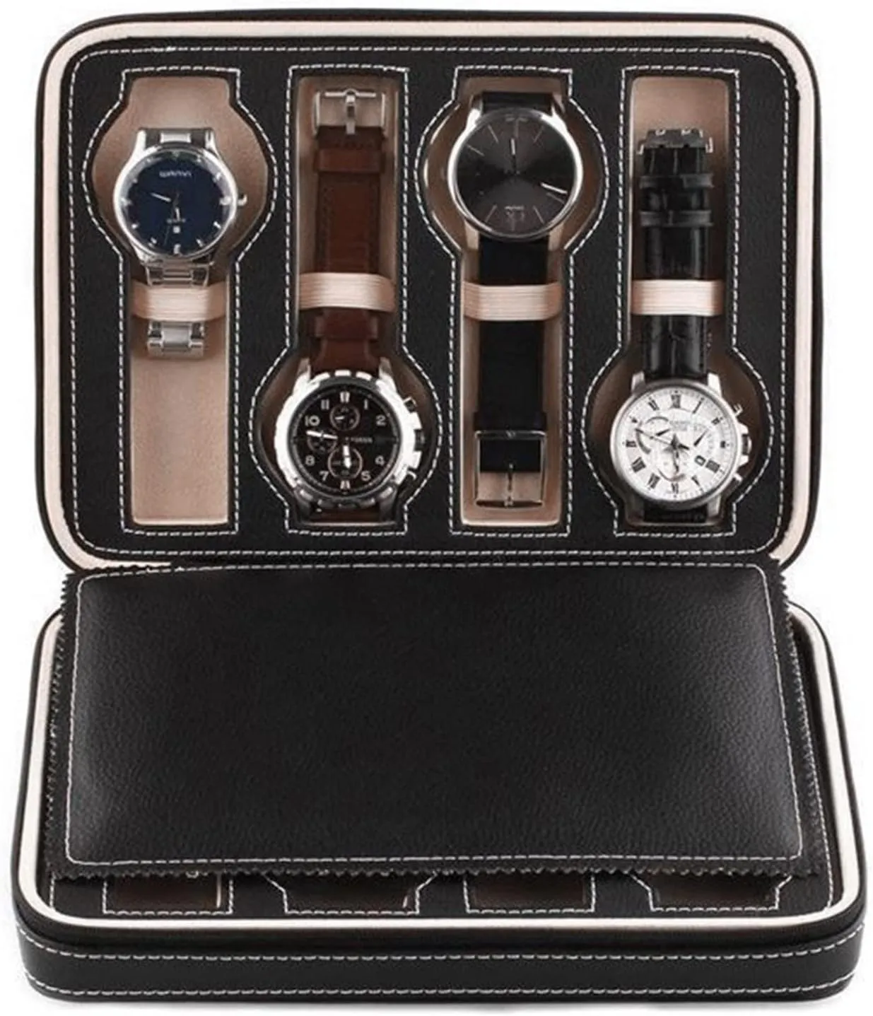 Watch Box for Men, Watch Organizer 8 Slot, Watch Display Case, Watch Rotating Display Case, Two Layers with Partition Board, for Men, Women, Child Husband Dad Gift Idea (Brown, Pu Synthetic Leather)