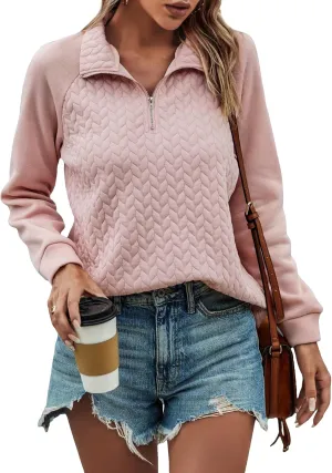 WDIRARA Women's Half Zip Front Long Sleeve Collar Sweatshirt Casual Knitted Pullovers